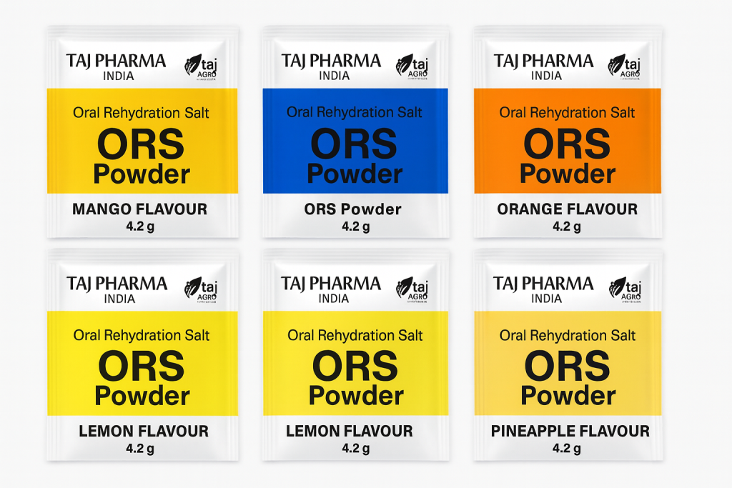 “Taj Pharma India ORS Powder Orange Flavour sachet with Taj Agro logo, showing Oral Rehydration Salt packaging in white and orange design.”