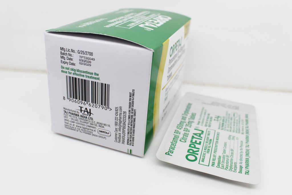 Paracetamol 450mg and Orphenadrine Citrate 35mg Tablets Manufacturer & Suppliers in India