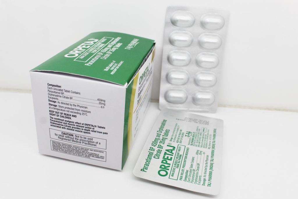 Paracetamol 450mg and Orphenadrine Citrate 35mg Tablets Manufacturers PAN India, Suppliers