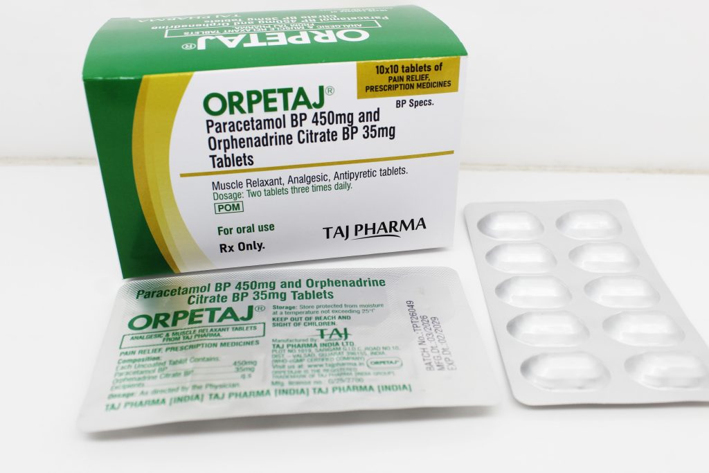 Paracetamol 450mg and Orphenadrine Citrate 35mg Tablets, Suppliers, Exporters in India